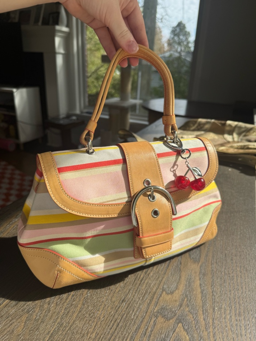 Coach Multicolor Striped Satchel with Tan Leather and Red Cherry Charm
